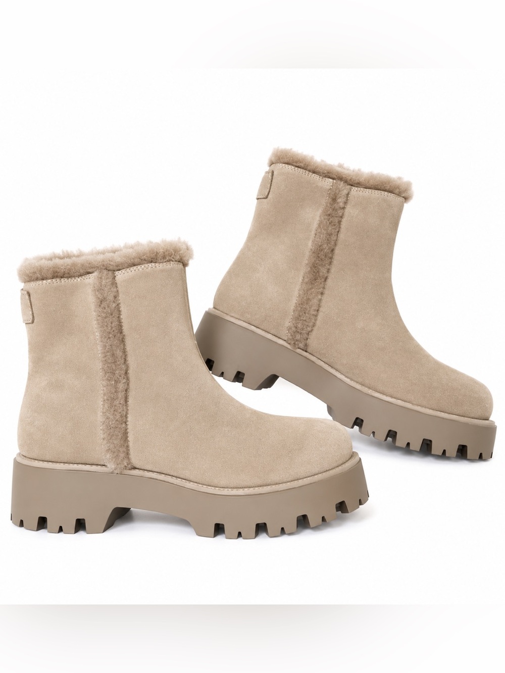 Zara Beige Suede Shearling-Trim Platform Lug Sole Ankle Boots